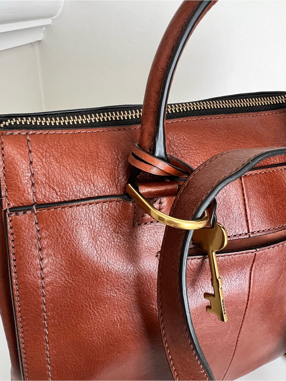 Fossil Brown Leather Satchel with Multicolor Embroidered Florals - Picture 5 of 13